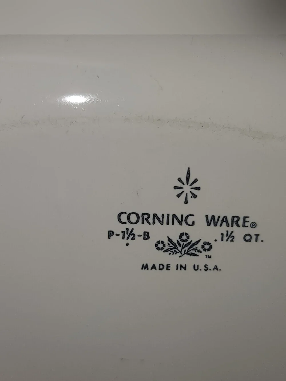 Corningware White Serving Dish with Blue Logo and Floral Marking. 1.5 Quart